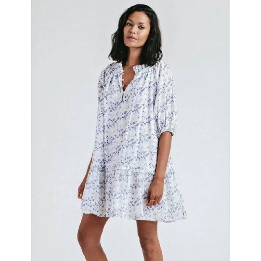 Cleobella Nevah Floral Mini Dress Medium White Navy Tiered Boho Short Sleeve